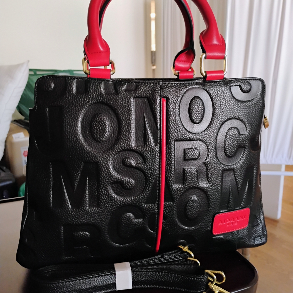 Modern Black and Red Leather Satchel
